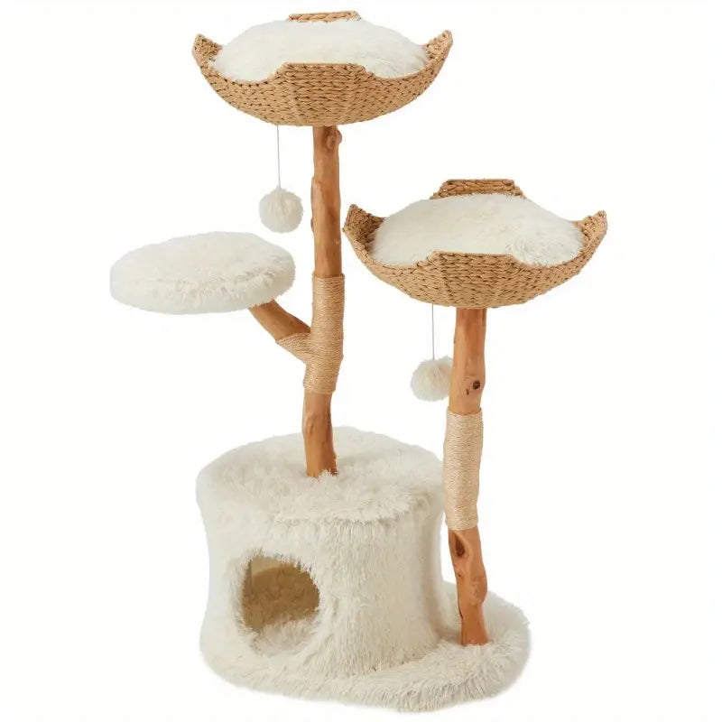 Natural Wood Tall Cat Tower - White Multi-Level Design with Hand-Woven Baskets & Cat Condo, Perfect