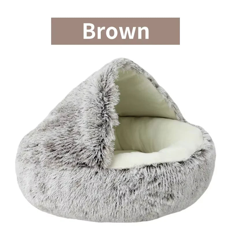 2-in-1 Winter Plush Cat Bed – Round, Warm Cushion & Cave for Cats & Small Dogs