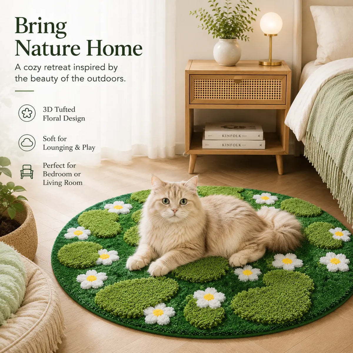 1 Piece 23.62×23.62 Inch Woven Fabric round Pet Bed Mat - Ultra-Soft Warm Plush Cushion, Non-Slip Bottom, Washable 3D Moss and Grassland Scratch Mat for Cats & Medium Dogs, Ideal for Sofas & Indoor Floors