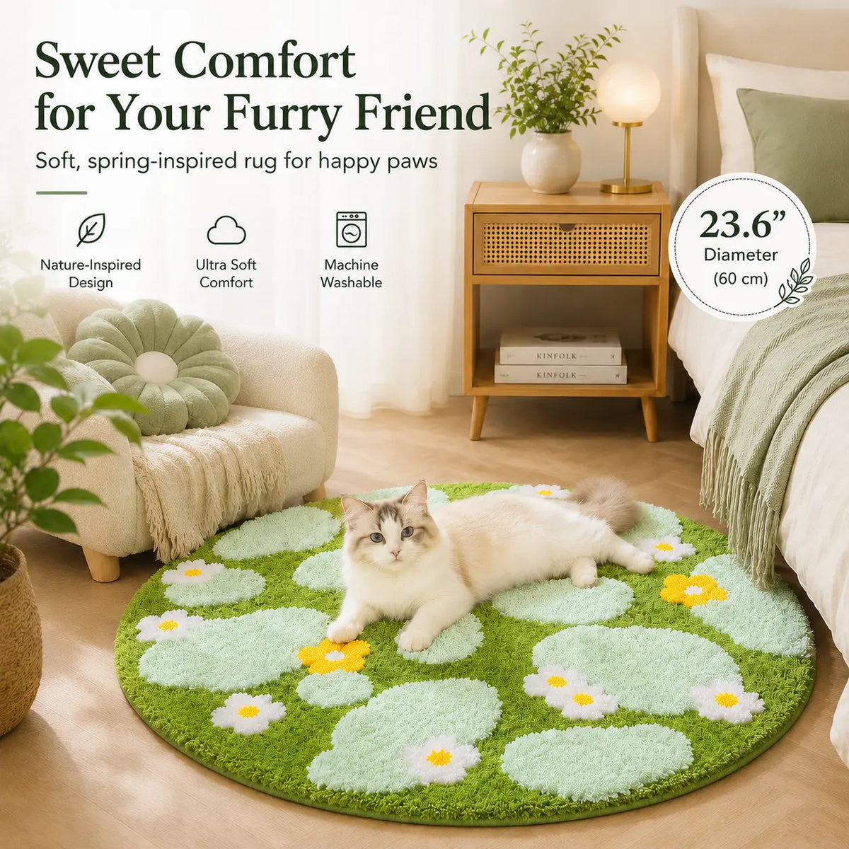 1 Piece 23.62×23.62 Inch Woven Fabric round Pet Bed Mat - Ultra-Soft Warm Plush Cushion, Non-Slip Bottom, Washable 3D Moss and Grassland Scratch Mat for Cats & Medium Dogs, Ideal for Sofas & Indoor Floors