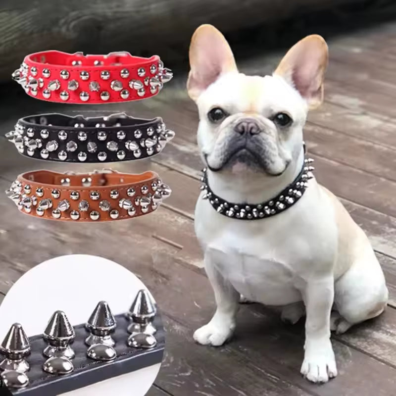 PU Leather Punk Rivet Dog Collar – Adjustable, Spiked, for Small Dogs & Cats