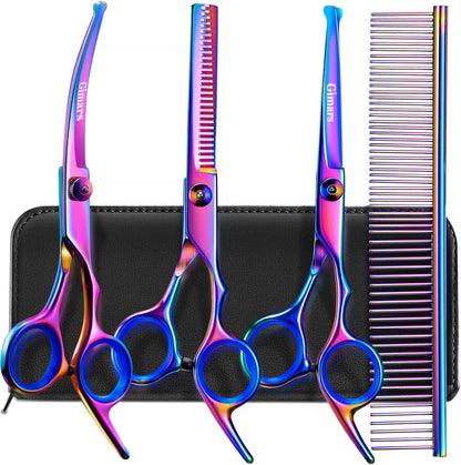 Professional 4CR Stainless Steel 6 in 1 Grooming Scissors for Dogs with Safety round Tip, Heavy Duty Titanium Coated Pet Grooming Scissor for Dogs, Cats and Other Animals