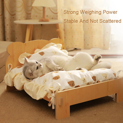 Wooden Cat & Dog Bed – Teddy Bear Design, Indoor Pet Furniture, 20x11"