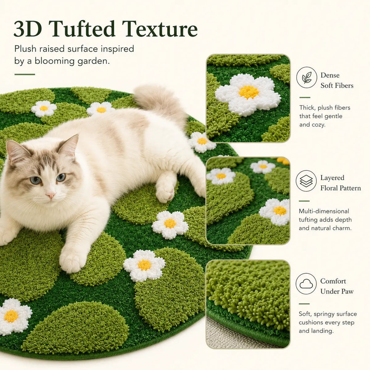 1 Piece 23.62×23.62 Inch Woven Fabric round Pet Bed Mat - Ultra-Soft Warm Plush Cushion, Non-Slip Bottom, Washable 3D Moss and Grassland Scratch Mat for Cats & Medium Dogs, Ideal for Sofas & Indoor Floors