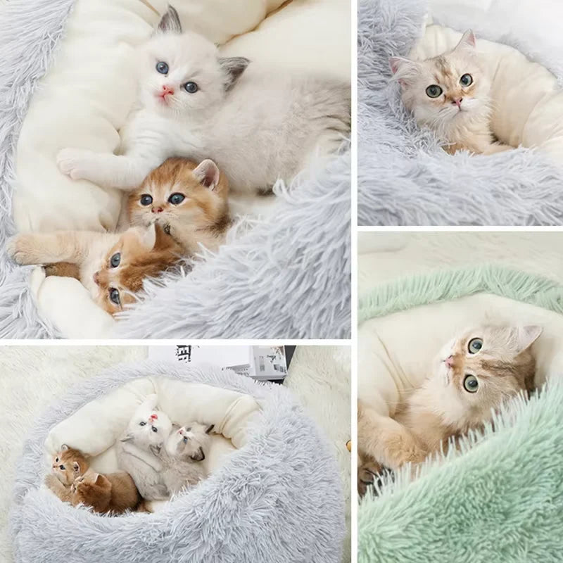 2-in-1 Winter Plush Cat Bed – Round, Warm Cushion & Cave for Cats & Small Dogs