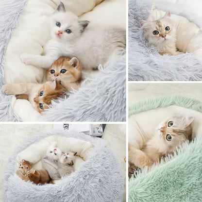 2-in-1 Winter Plush Cat Bed – Round, Warm Cushion & Cave for Cats & Small Dogs