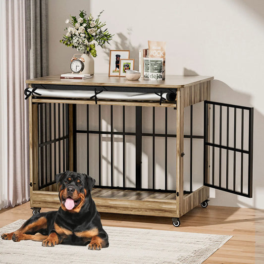 46" Heavy Duty Indestructible Wooden Dog Crate with Wheels – Double Door Indoor Pet