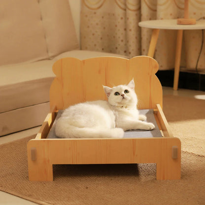 Wooden Cat & Dog Bed – Teddy Bear Design, Indoor Pet Furniture, 20x11"