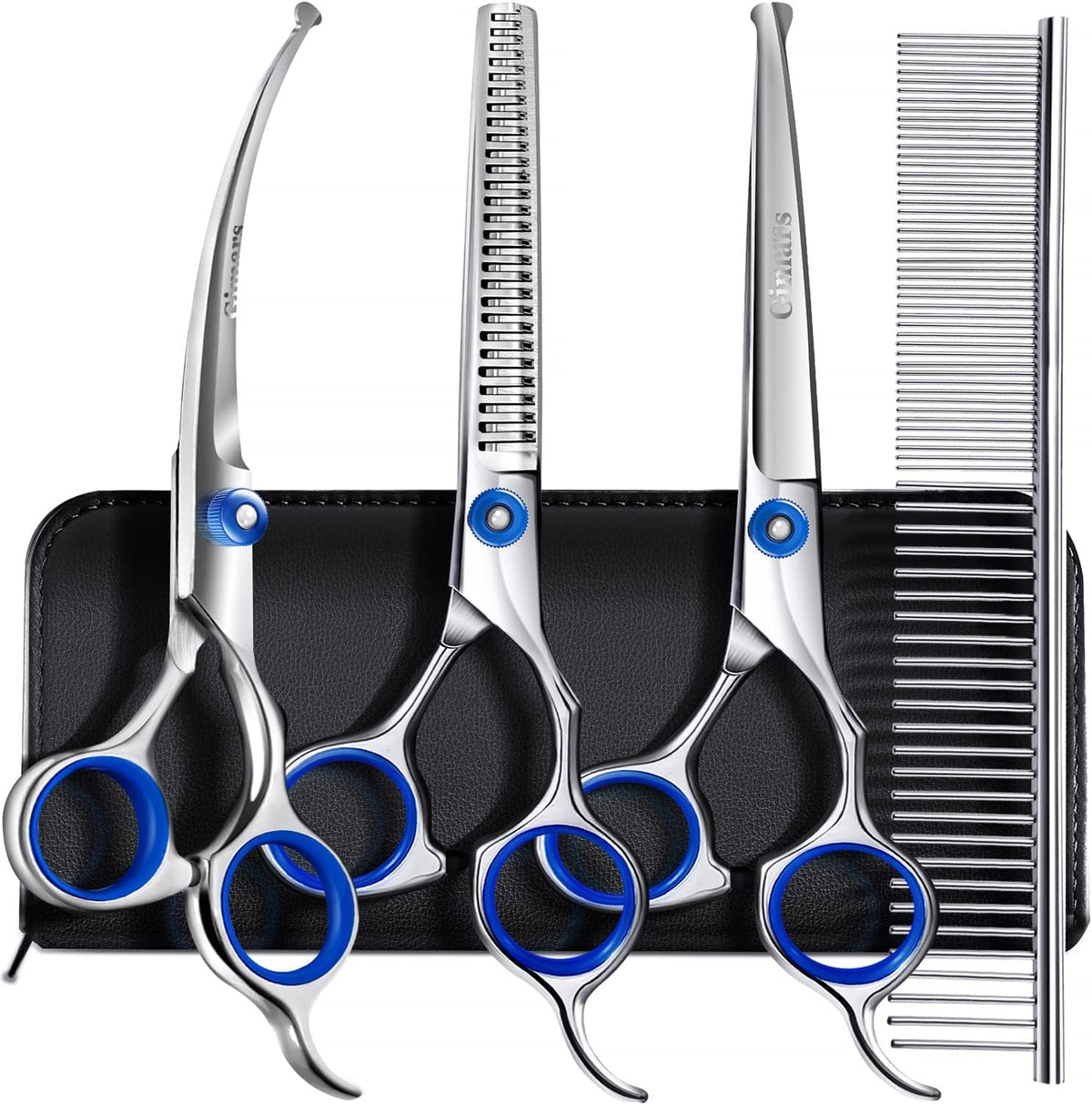 Professional 4CR Stainless Steel 6 in 1 Grooming Scissors for Dogs with Safety round Tip, Heavy Duty Titanium Coated Pet Grooming Scissor for Dogs, Cats and Other Animals