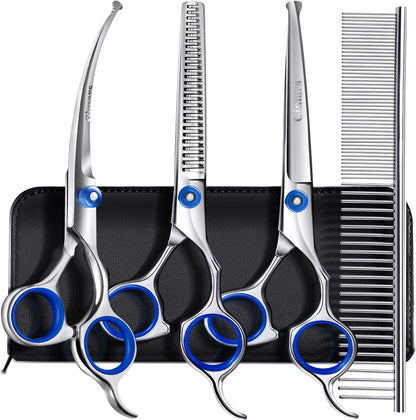 Professional 4CR Stainless Steel 6 in 1 Grooming Scissors for Dogs with Safety round Tip, Heavy Duty Titanium Coated Pet Grooming Scissor for Dogs, Cats and Other Animals