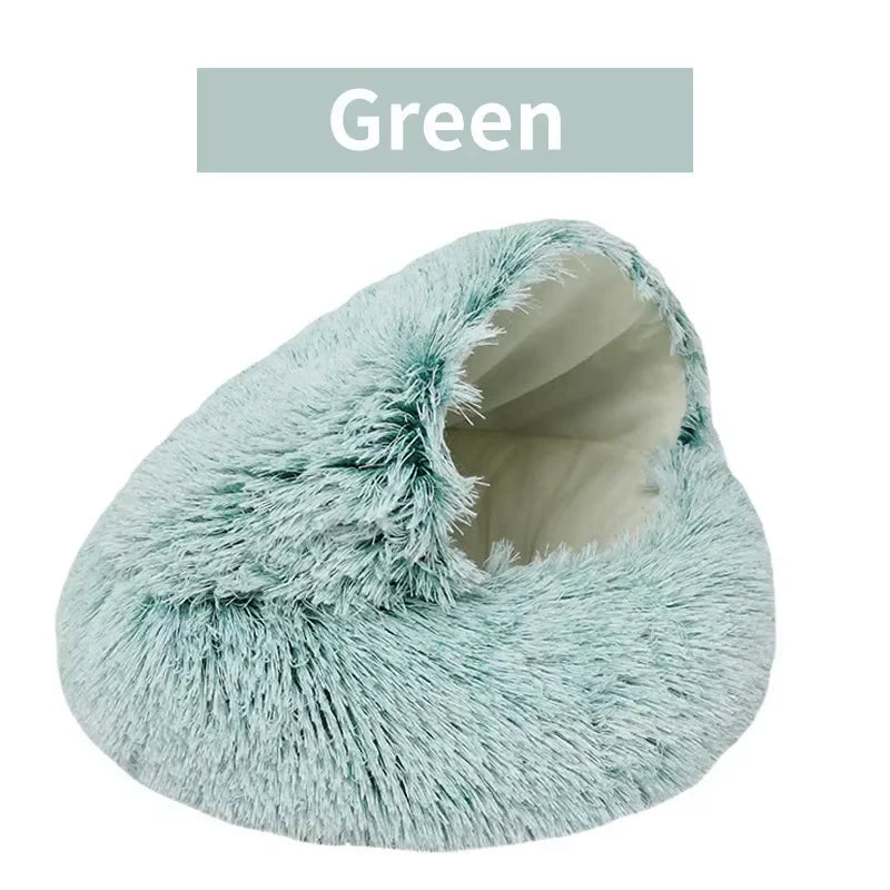 2-in-1 Winter Plush Cat Bed – Round, Warm Cushion & Cave for Cats & Small Dogs