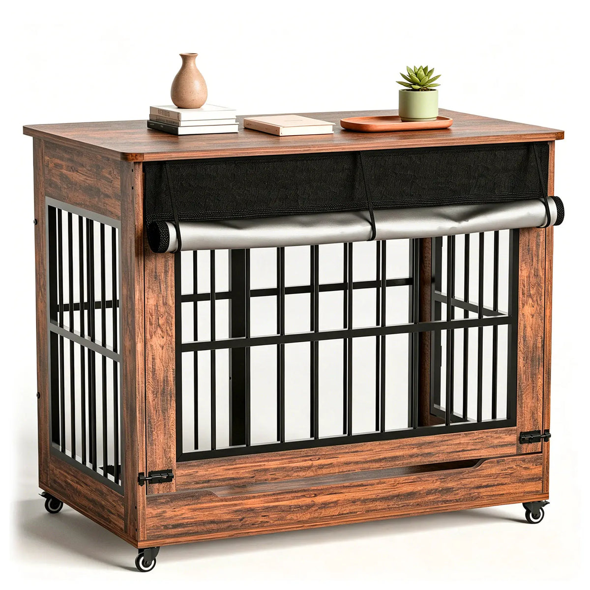 46" Heavy Duty Indestructible Wooden Dog Crate with Wheels – Double Door Indoor Pet