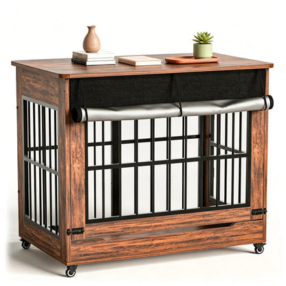 46" Heavy Duty Indestructible Wooden Dog Crate with Wheels – Double Door Indoor Pet