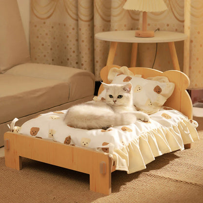 Wooden Cat & Dog Bed – Teddy Bear Design, Indoor Pet Furniture, 20x11"
