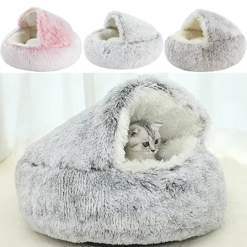 2-in-1 Winter Plush Cat Bed – Round, Warm Cushion & Cave for Cats & Small Dogs