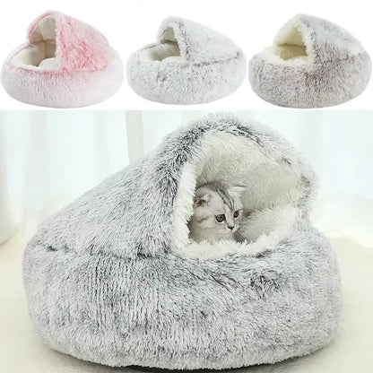 2-in-1 Winter Plush Cat Bed – Round, Warm Cushion & Cave for Cats & Small Dogs