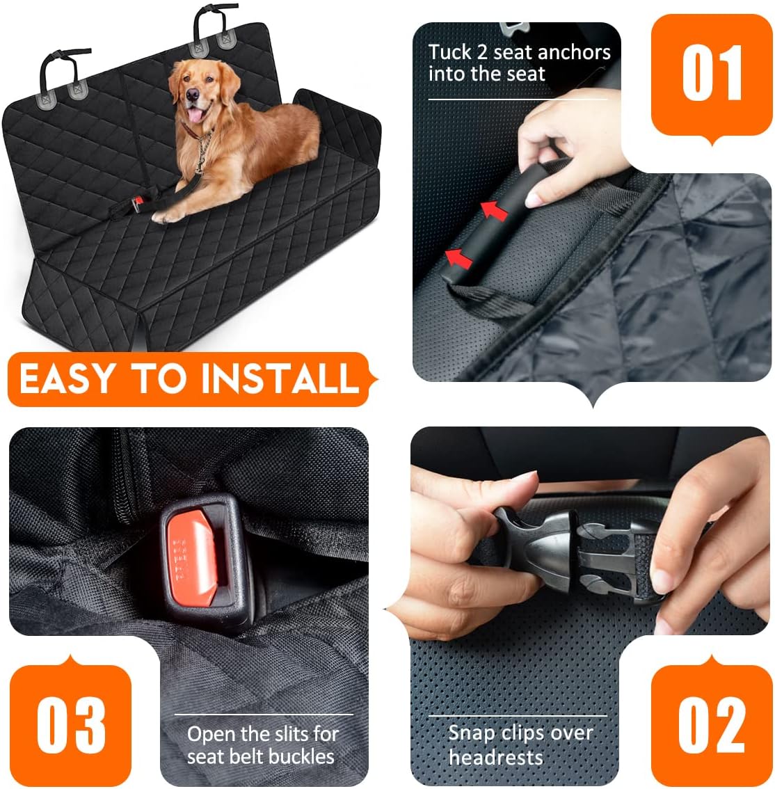 Waterproof Dog Car Seat Cover – Back Seat Protector for Pets, Fits Cars, SUVs & Trucks with Middle Armrest, 53" Wide, Black