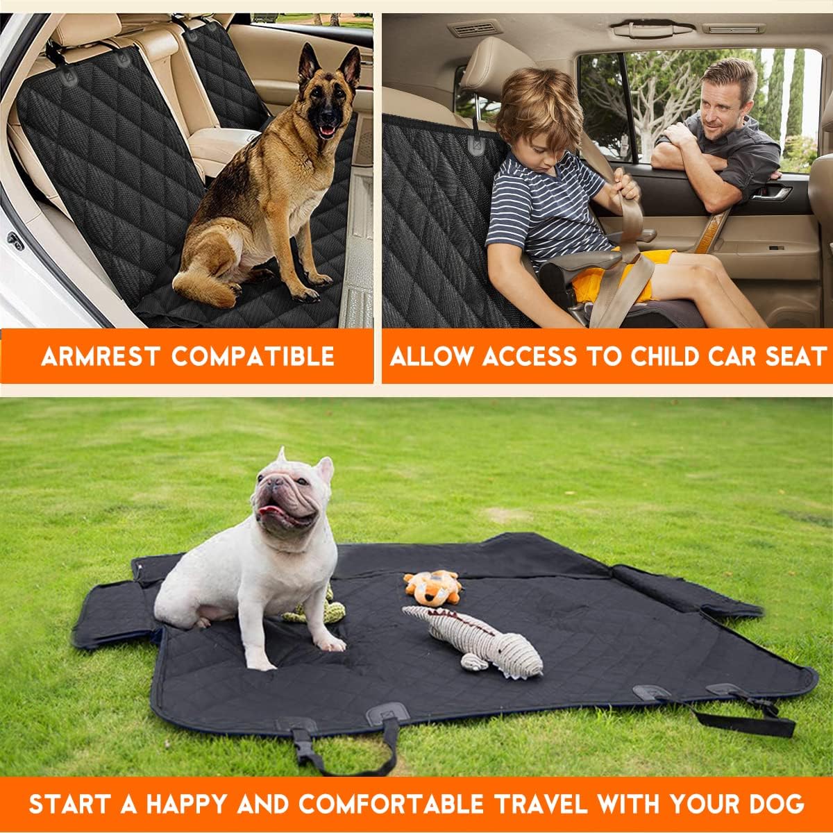 Waterproof Dog Car Seat Cover – Back Seat Protector for Pets, Fits Cars, SUVs & Trucks with Middle Armrest, 53" Wide, Black
