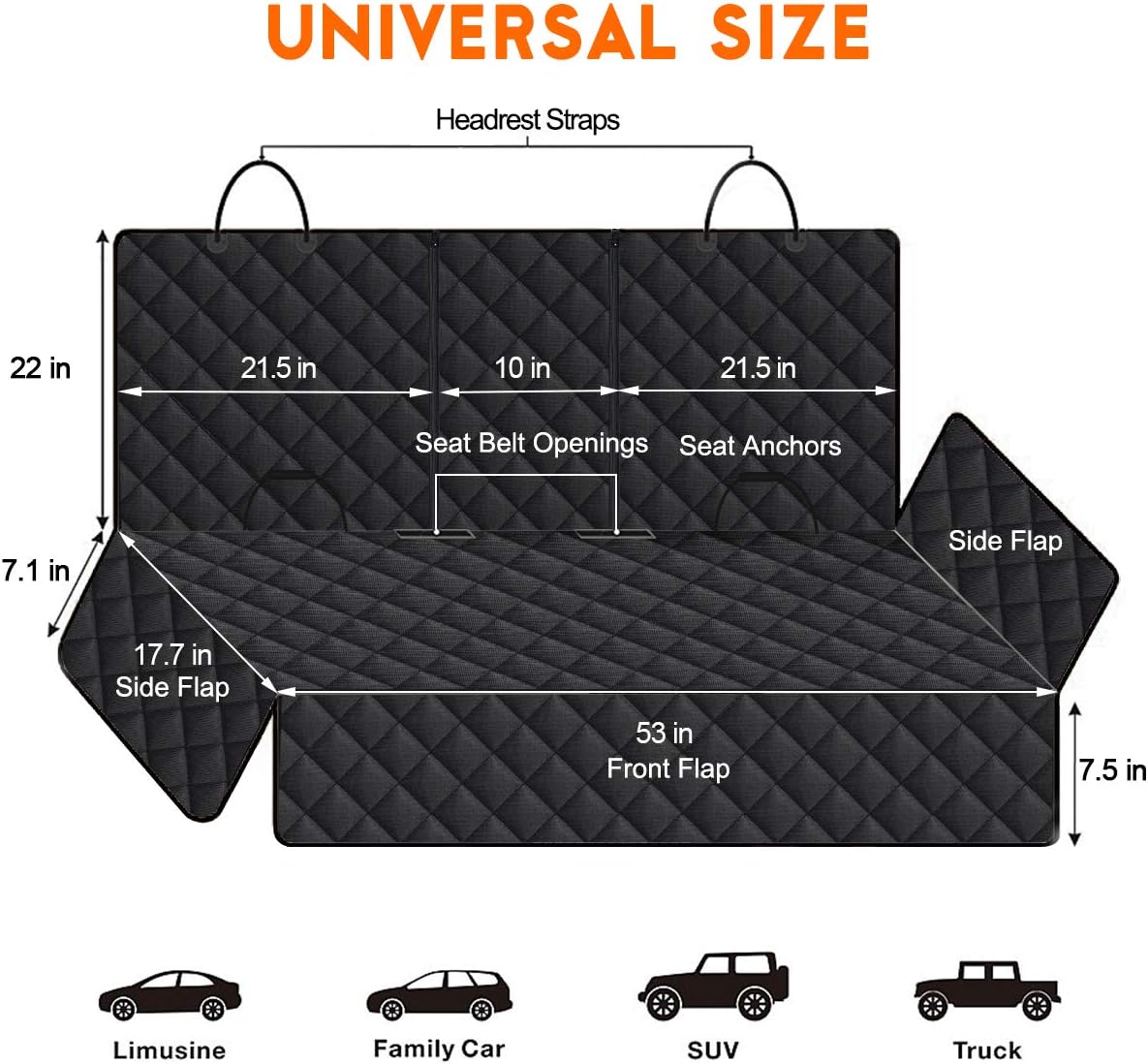 Waterproof Dog Car Seat Cover – Back Seat Protector for Pets, Fits Cars, SUVs & Trucks with Middle Armrest, 53" Wide, Black