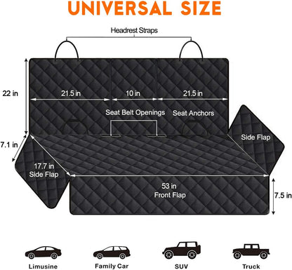 Waterproof Dog Car Seat Cover – Back Seat Protector for Pets, Fits Cars, SUVs & Trucks with Middle Armrest, 53" Wide, Black
