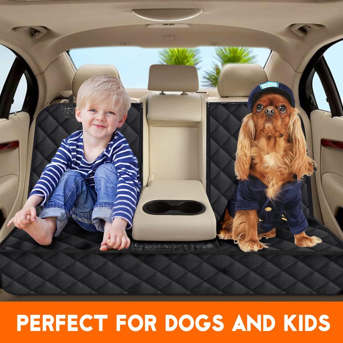 Waterproof Dog Car Seat Cover – Back Seat Protector for Pets, Fits Cars, SUVs & Trucks with Middle Armrest, 53" Wide, Black