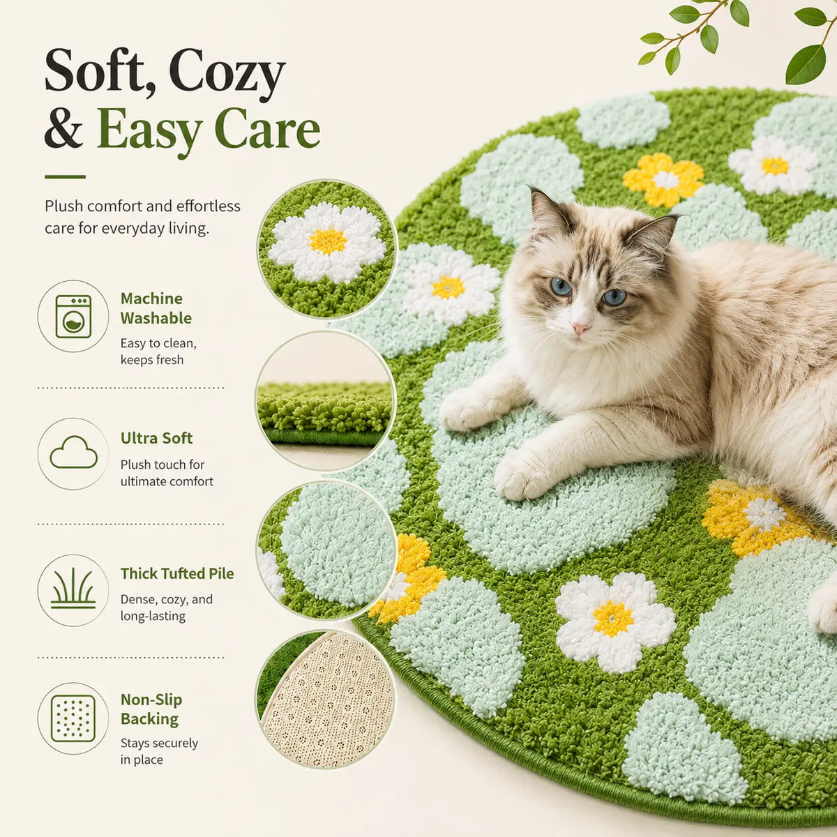 1 Piece 23.62×23.62 Inch Woven Fabric round Pet Bed Mat - Ultra-Soft Warm Plush Cushion, Non-Slip Bottom, Washable 3D Moss and Grassland Scratch Mat for Cats & Medium Dogs, Ideal for Sofas & Indoor Floors