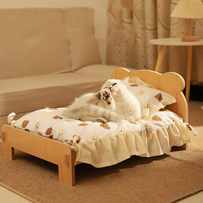 Wooden Cat & Dog Bed – Teddy Bear Design, Indoor Pet Furniture, 20x11"