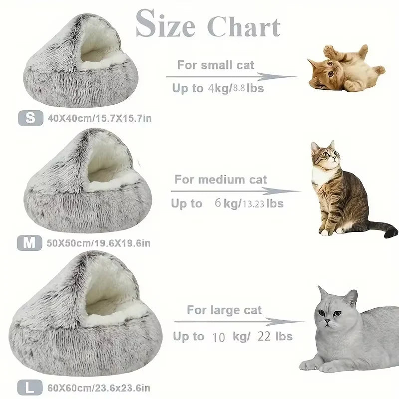 2-in-1 Winter Plush Cat Bed – Round, Warm Cushion & Cave for Cats & Small Dogs