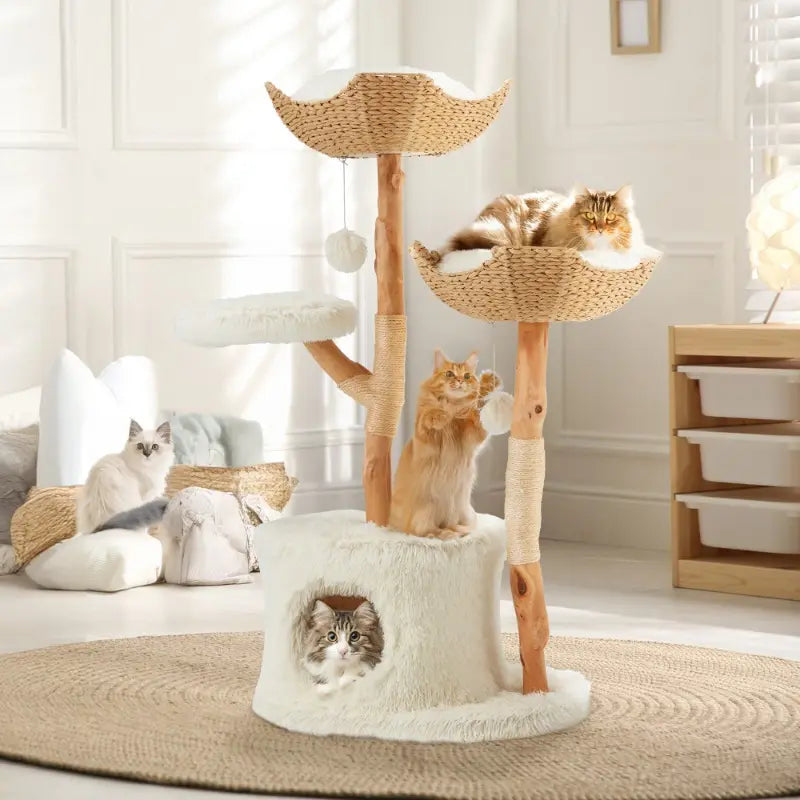 Natural Wood Tall Cat Tower - White Multi-Level Design with Hand-Woven Baskets & Cat Condo, Perfect