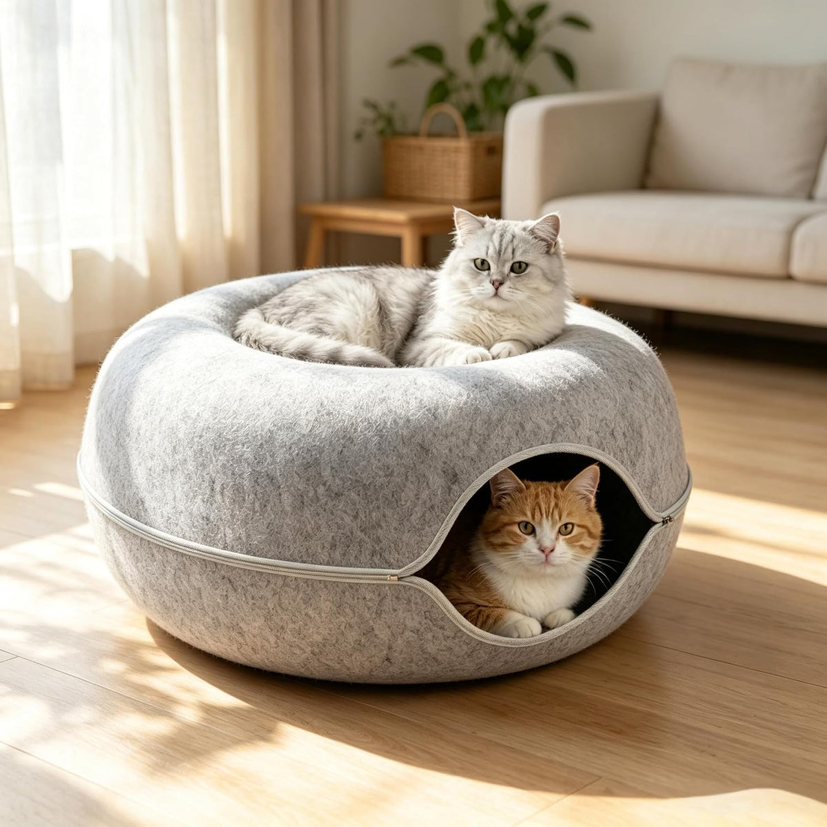 Large Cat Cave with Detachable Scratch Pad – Donut Bed for Multiple Cats, Up to 45 Lbs