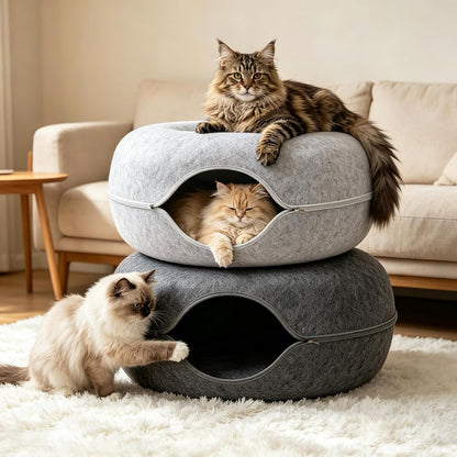 Large Cat Cave with Detachable Scratch Pad – Donut Bed for Multiple Cats, Up to 45 Lbs