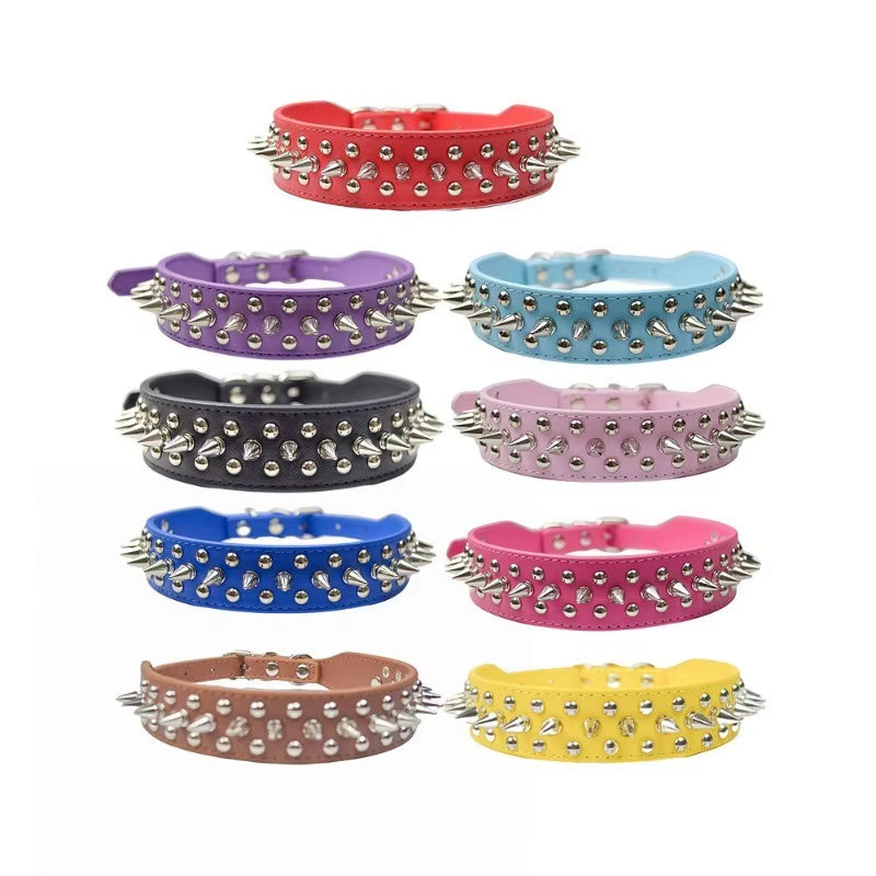 PU Leather Punk Rivet Dog Collar – Adjustable, Spiked, for Small Dogs & Cats
