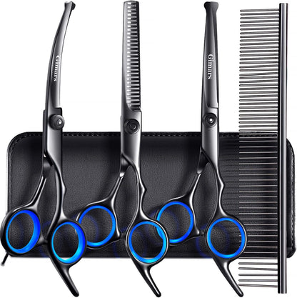 Professional 4CR Stainless Steel 6 in 1 Grooming Scissors for Dogs with Safety round Tip, Heavy Duty Titanium Coated Pet Grooming Scissor for Dogs, Cats and Other Animals