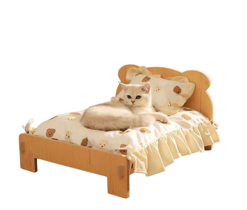 Wooden Cat & Dog Bed – Teddy Bear Design, Indoor Pet Furniture, 20x11"