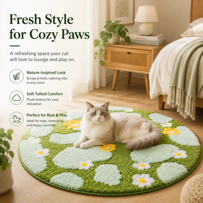 1 Piece 23.62×23.62 Inch Woven Fabric round Pet Bed Mat - Ultra-Soft Warm Plush Cushion, Non-Slip Bottom, Washable 3D Moss and Grassland Scratch Mat for Cats & Medium Dogs, Ideal for Sofas & Indoor Floors