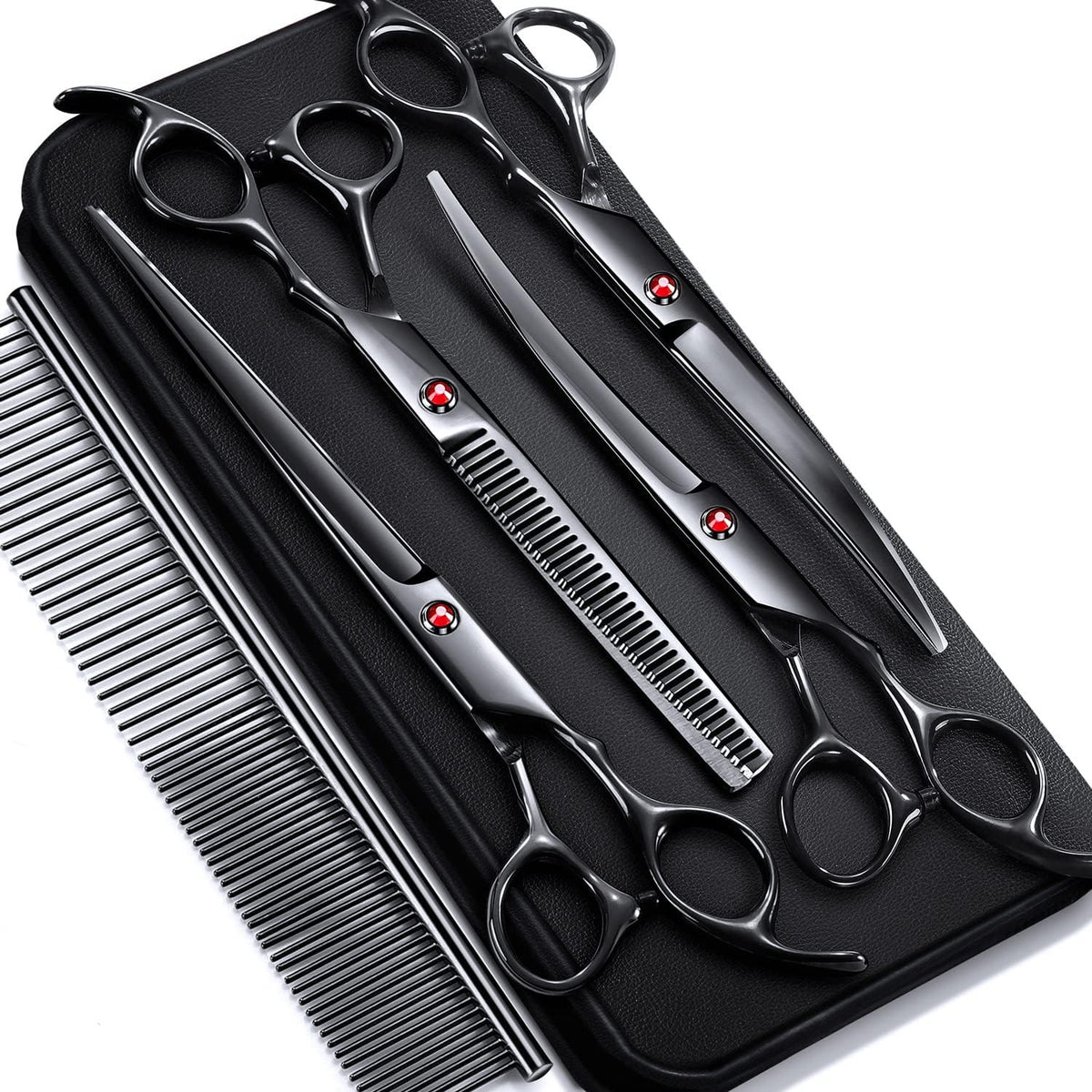 Professional 4CR Stainless Steel 6 in 1 Grooming Scissors for Dogs with Safety round Tip, Heavy Duty Titanium Coated Pet Grooming Scissor for Dogs, Cats and Other Animals
