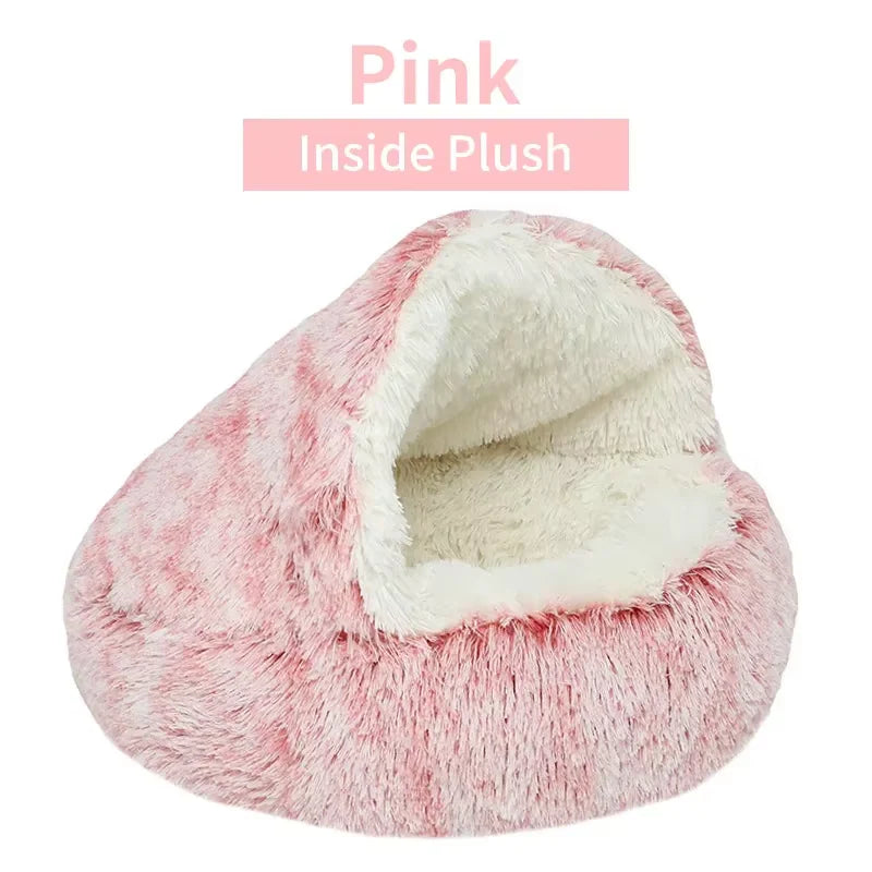 2-in-1 Winter Plush Cat Bed – Round, Warm Cushion & Cave for Cats & Small Dogs