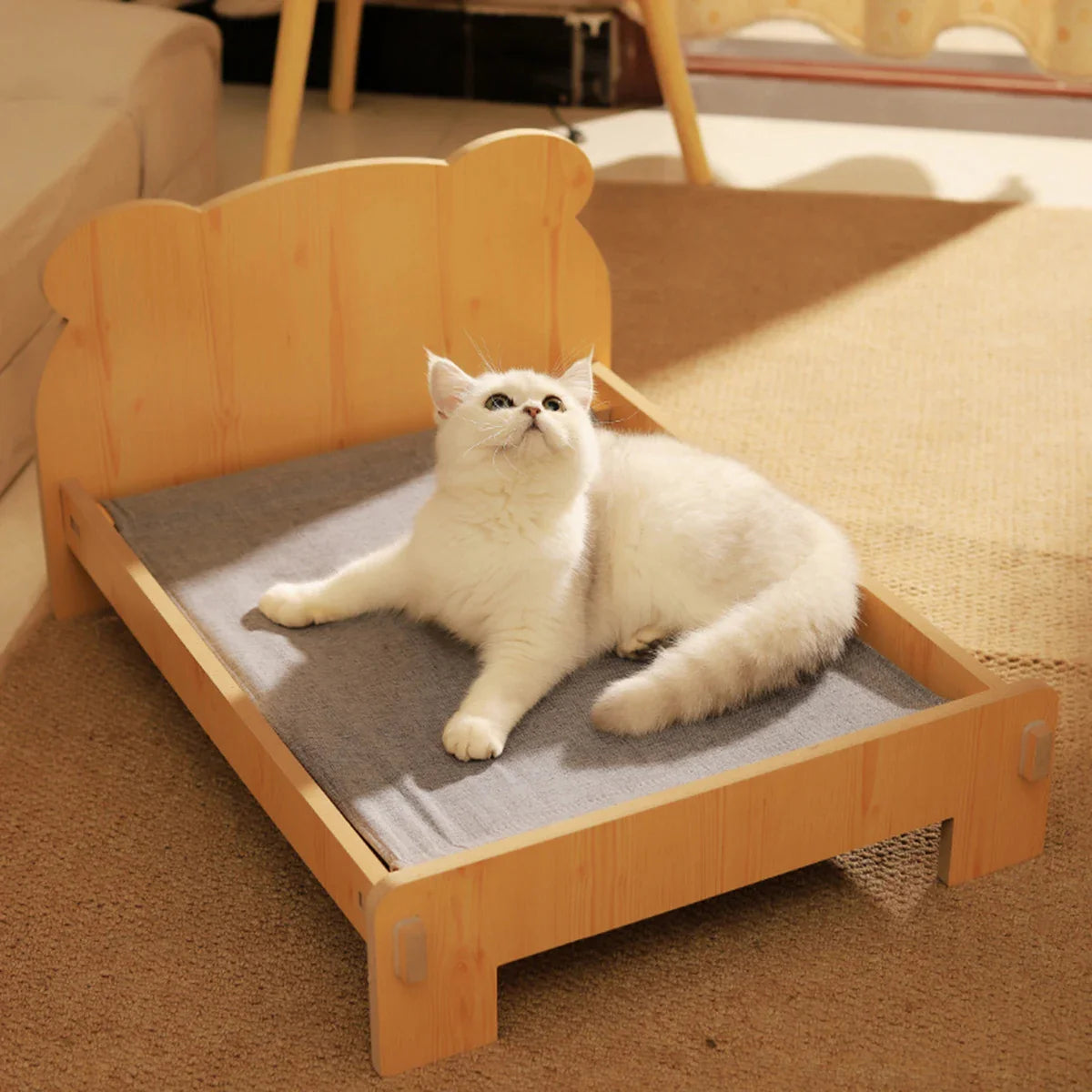 Wooden Cat & Dog Bed – Teddy Bear Design, Indoor Pet Furniture, 20x11"