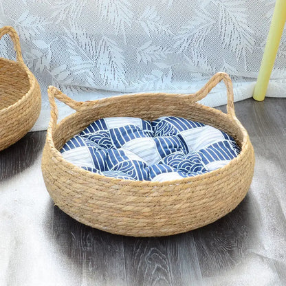 Rattan Weaving Cat Basket Pet Cat Bed with Cushion