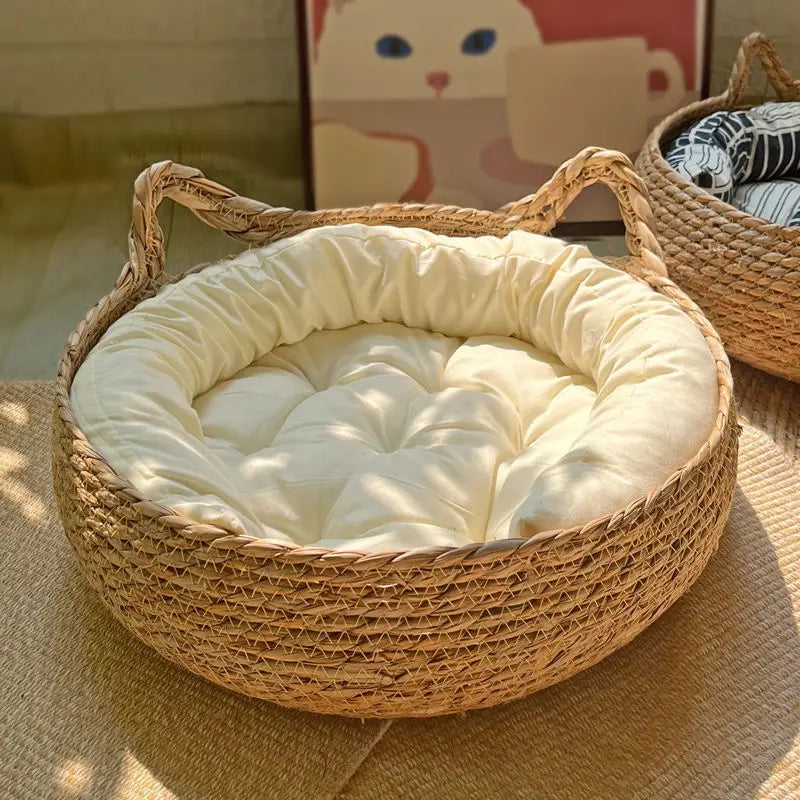 Rattan Weaving Cat Basket Pet Cat Bed with Cushion