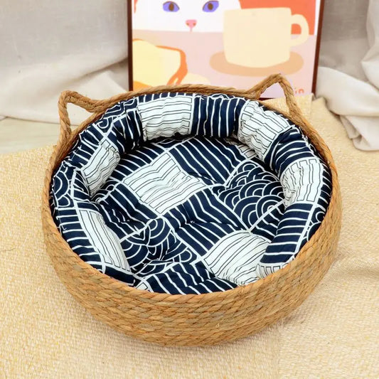 Rattan Weaving Cat Basket Pet Cat Bed with Cushion