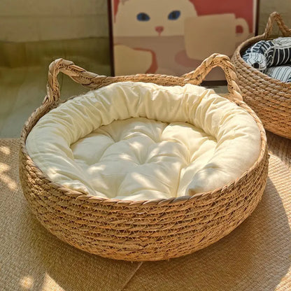 Rattan Weaving Cat Basket Pet Cat Bed with Cushion