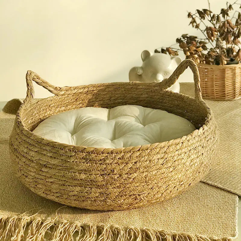 Rattan Weaving Cat Basket Pet Cat Bed with Cushion