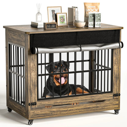 46" Heavy Duty Indestructible Wooden Dog Crate with Wheels – Double Door Indoor Pet