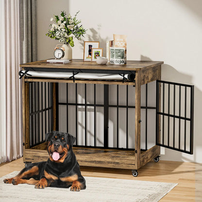 46" Heavy Duty Indestructible Wooden Dog Crate with Wheels – Double Door Indoor Pet