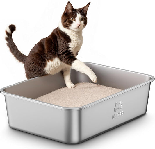 Stainless Steel Cat Litter Tray, Litter Box for Large and Small Cats, High Sided Metal Litter Tray, Toilet for Cat Kitten Rabbit and Guinea Pig, Non-Stick, Odor-Free, Easy to Clean