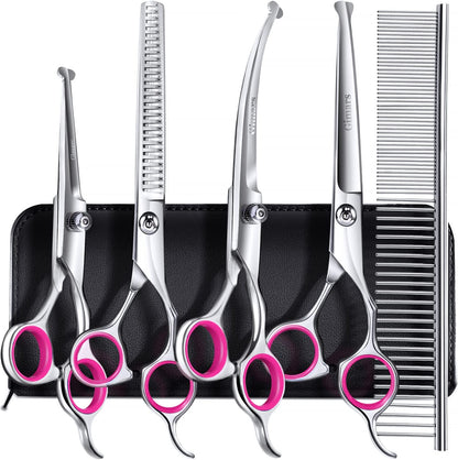 Professional 4CR Stainless Steel 6 in 1 Grooming Scissors for Dogs with Safety round Tip, Heavy Duty Titanium Coated Pet Grooming Scissor for Dogs, Cats and Other Animals