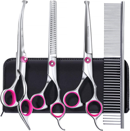 Professional 4CR Stainless Steel 6 in 1 Grooming Scissors for Dogs with Safety round Tip, Heavy Duty Titanium Coated Pet Grooming Scissor for Dogs, Cats and Other Animals