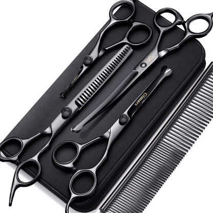 Professional 4CR Stainless Steel 6 in 1 Grooming Scissors for Dogs with Safety round Tip, Heavy Duty Titanium Coated Pet Grooming Scissor for Dogs, Cats and Other Animals