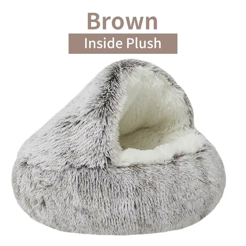 2-in-1 Winter Plush Cat Bed – Round, Warm Cushion & Cave for Cats & Small Dogs